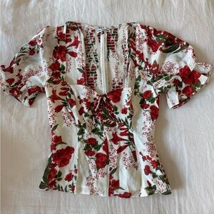 New Red Floral Reformation Square Neck Blouse